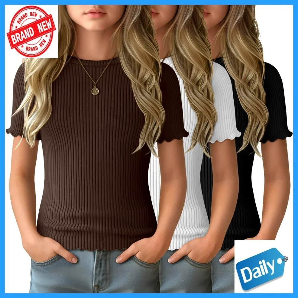 Girls' Ribbed Short Sleeve Tees 3-Pack Crew Neck Lettuce Trim Ages 5-14